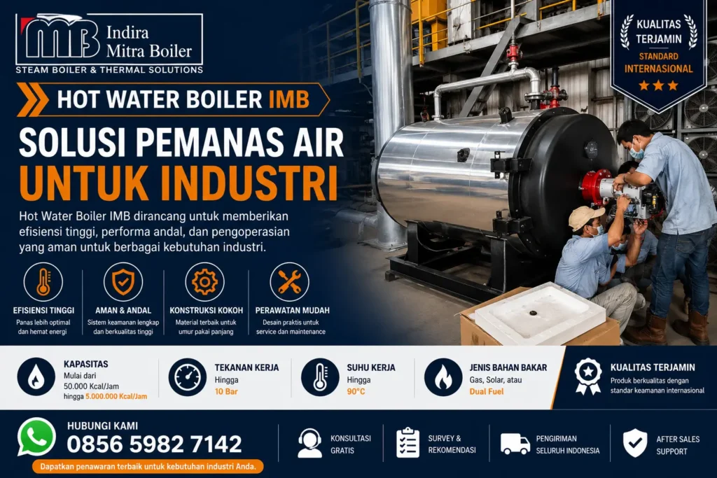 Hot Water Boiler IMB kapasitas 50.000 hingga 5.000.000 kcal per jam untuk pemanasan air industri.